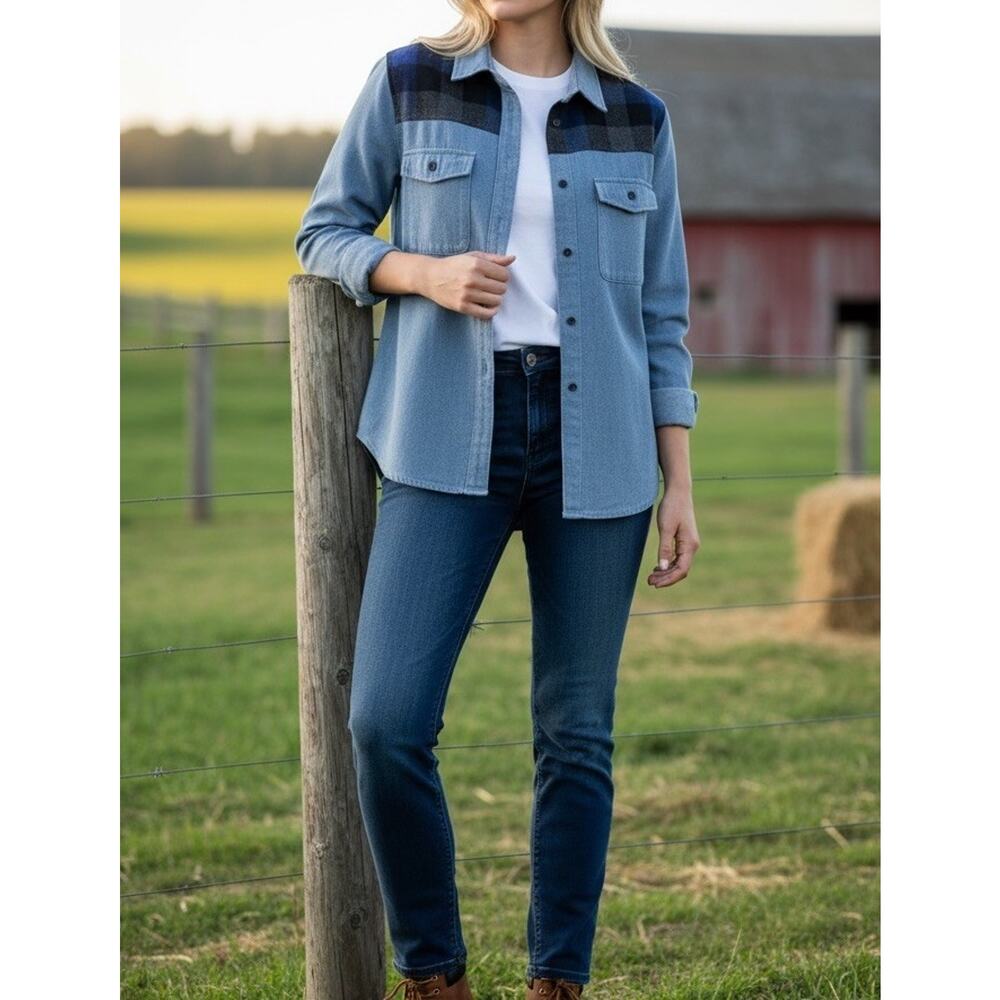 Penfield Trailwear Womens Medium Plaid Flannel Yoke Denim Jean Shirt Top Button